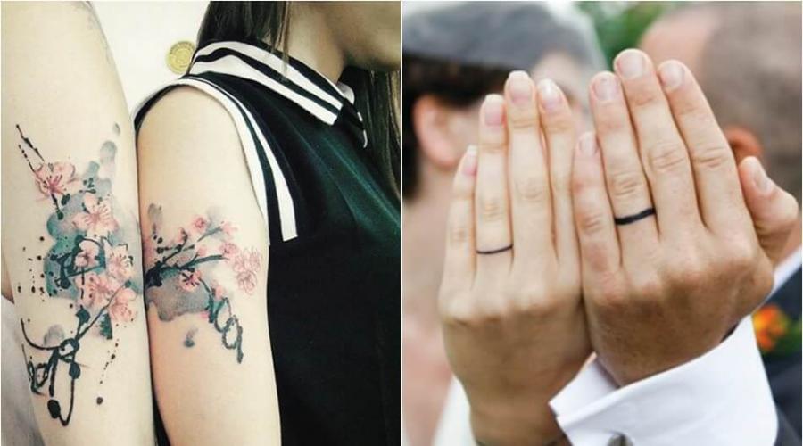 Krásné tetování pro milovníky.  Spárované tetování pro milovníky jako symbol věčných pocitů s překladem